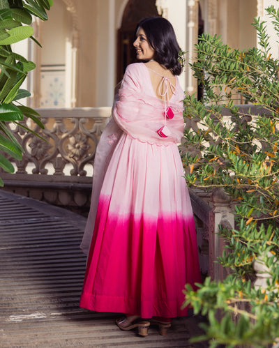 Sweetheart Pink Ombre Embroidered Chanderi Suit Set