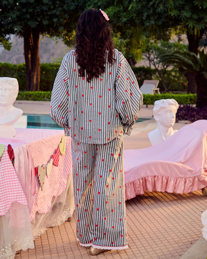 Safari Grey Cotton Stripes Printed Loungewear