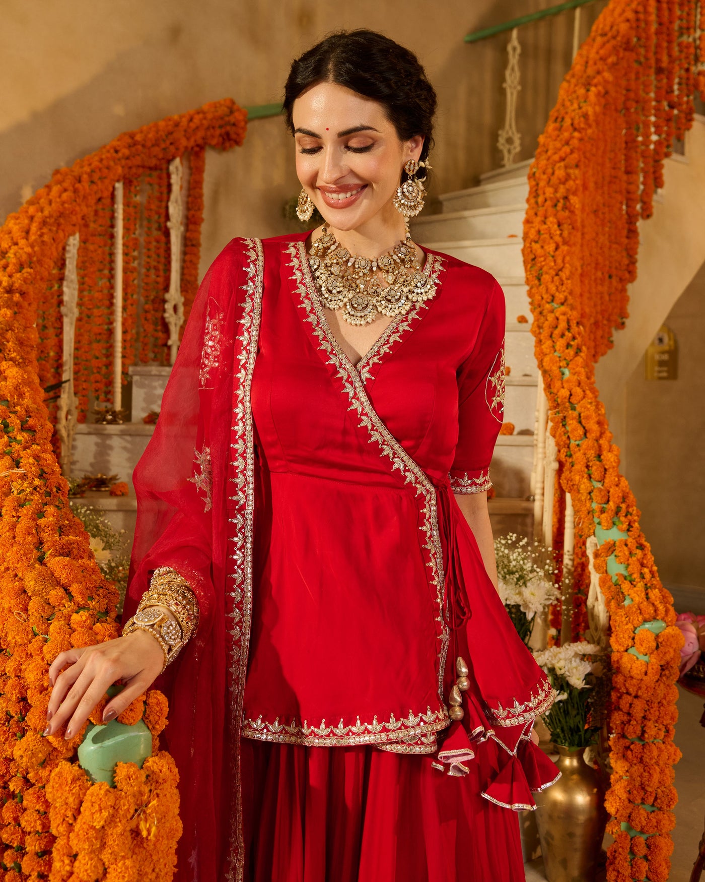 Mehka Red Solid Satin Lehenga Set