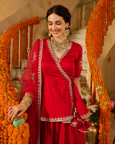 Mehka Red Solid Satin Lehenga Set