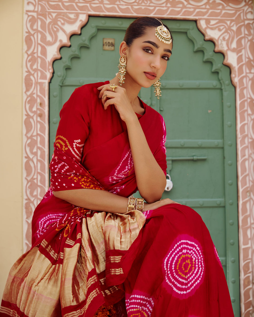 Maru Red Bandhej Silk Saree