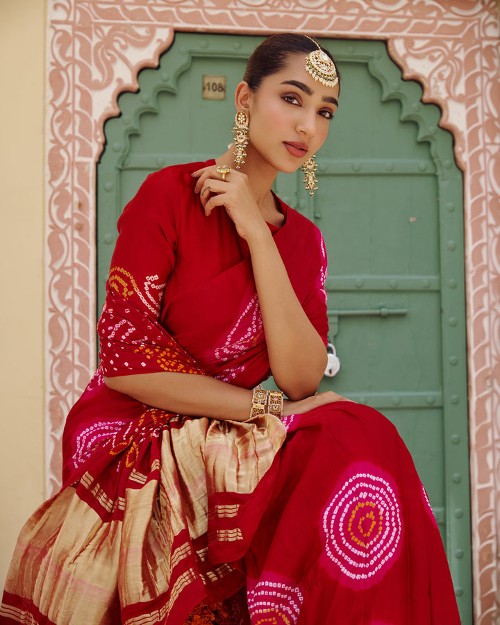 Maru Red Bandhej Silk Saree