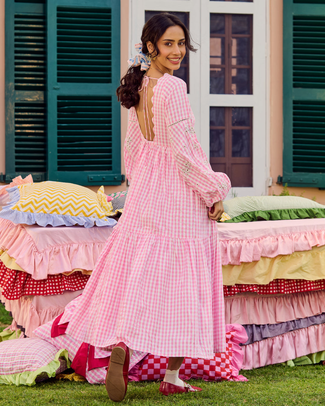 Nusrat Light Pink Embroidered Cotton Checks Dress