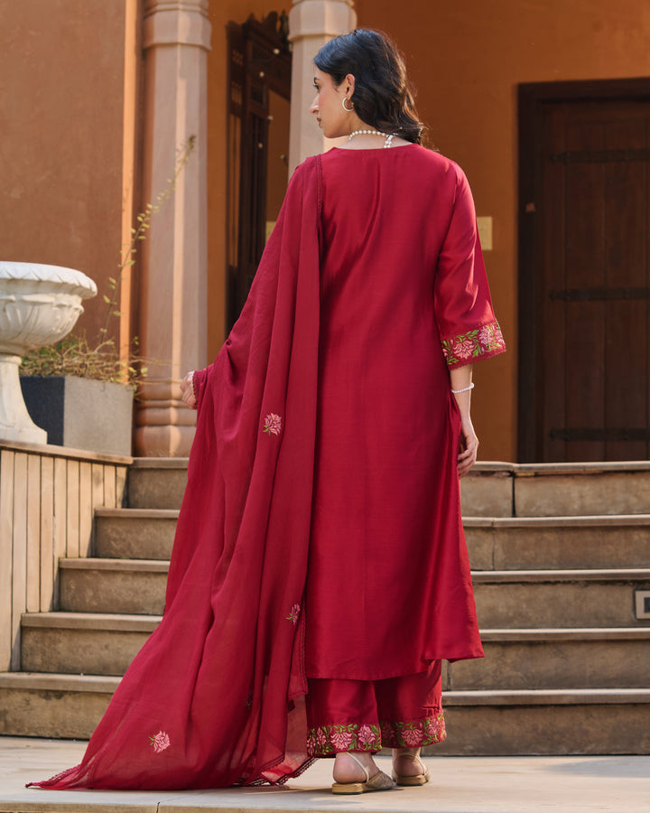 Solar Maroon Embroidered Roman Silk Suit Set