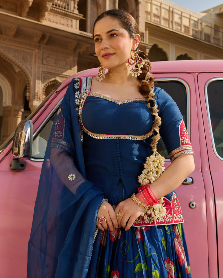 Taj Blue Printed Chanderi Lehenga Set