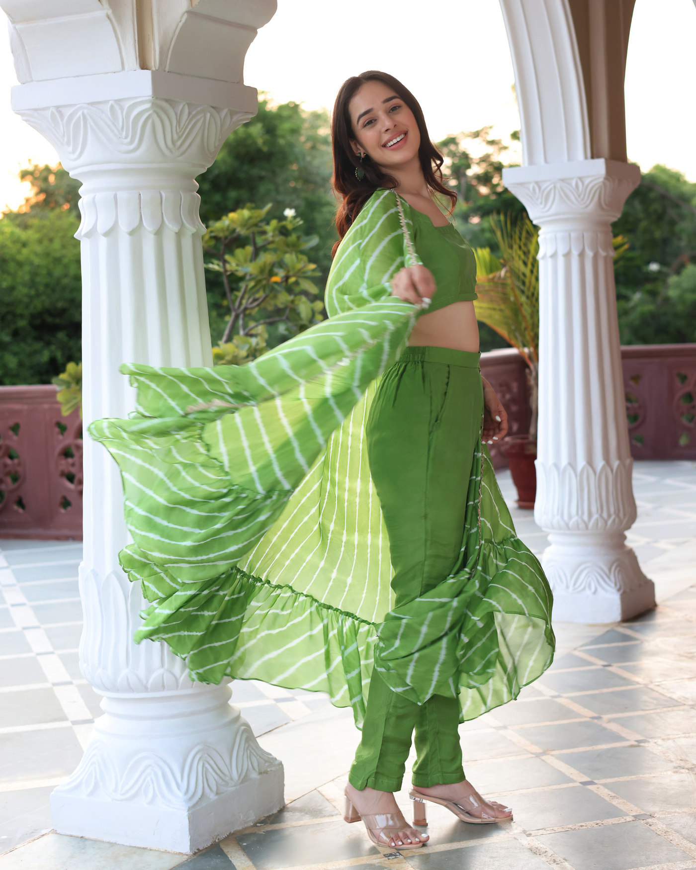 Green Glam Leheriya Silk Coord Set