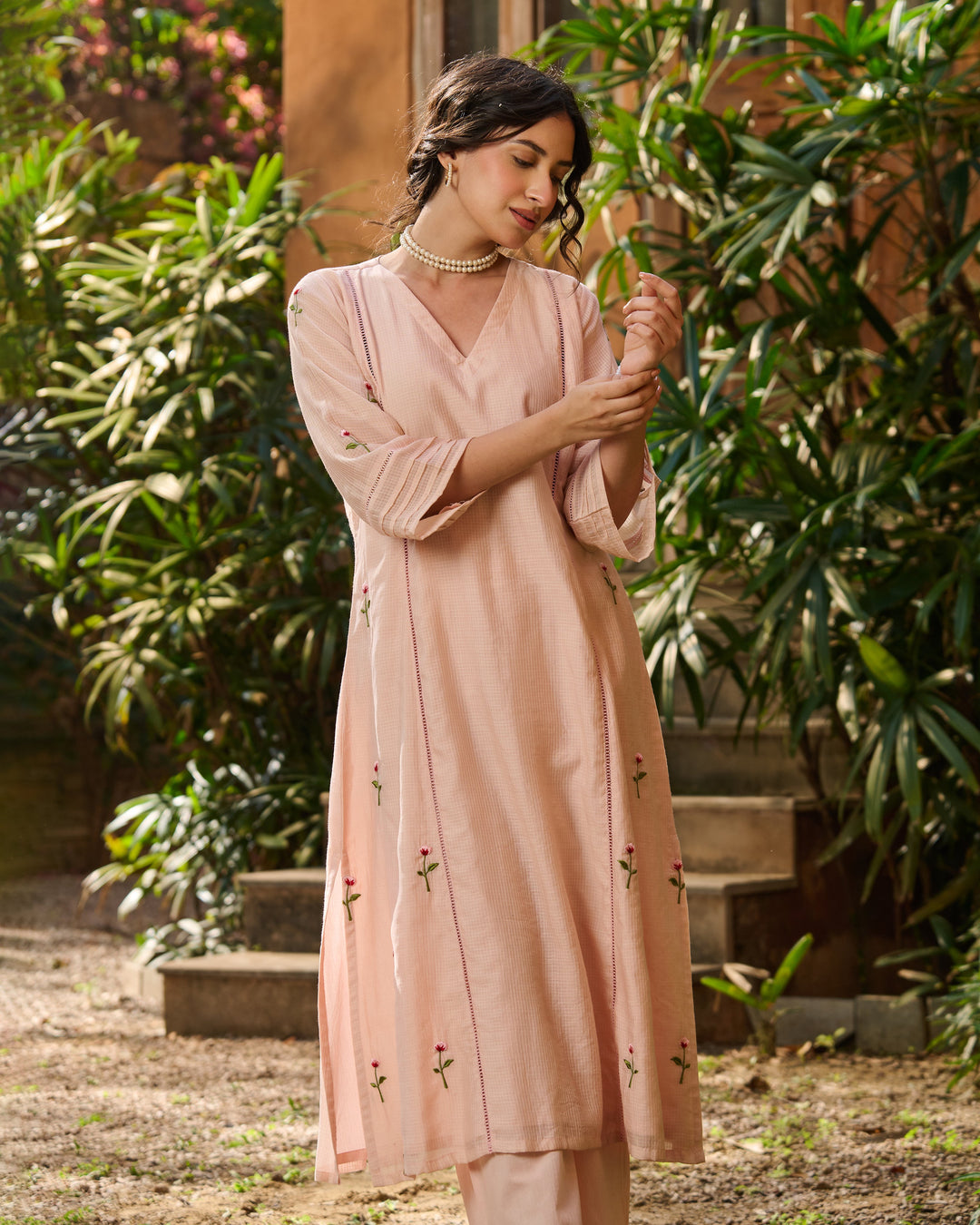 Lina Peach Embroidered Cotton Checks Kurta Set