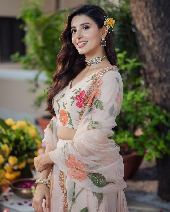 Gulzar Ivory Handpainted Viscose Organza Lehenga Set