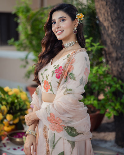 Gulzar Ivory Handpainted Viscose Organza Lehenga Set