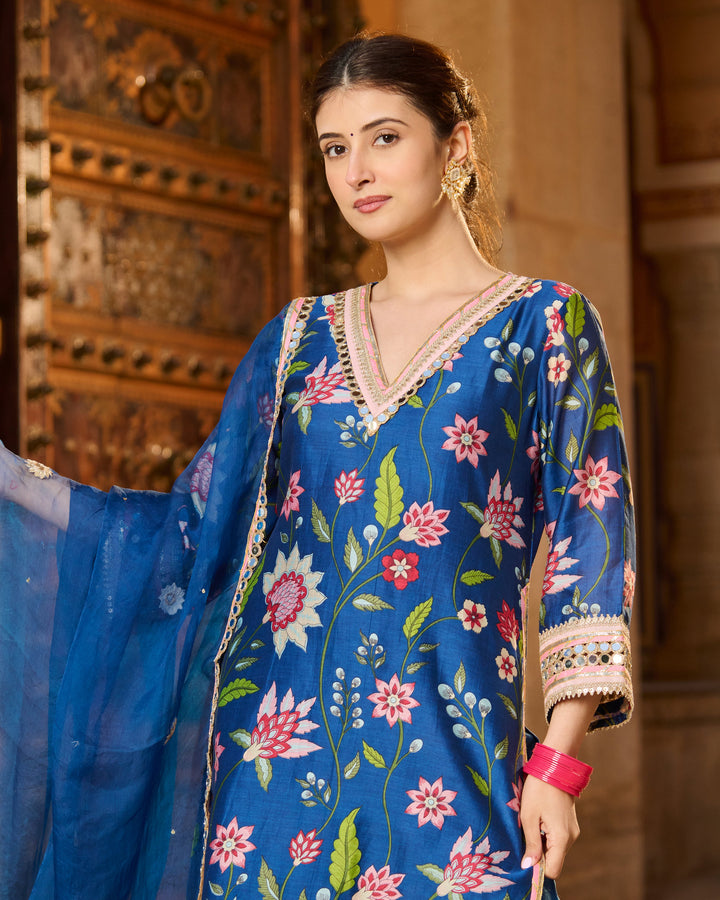 Beat Blue Printed Chanderi Suit Set