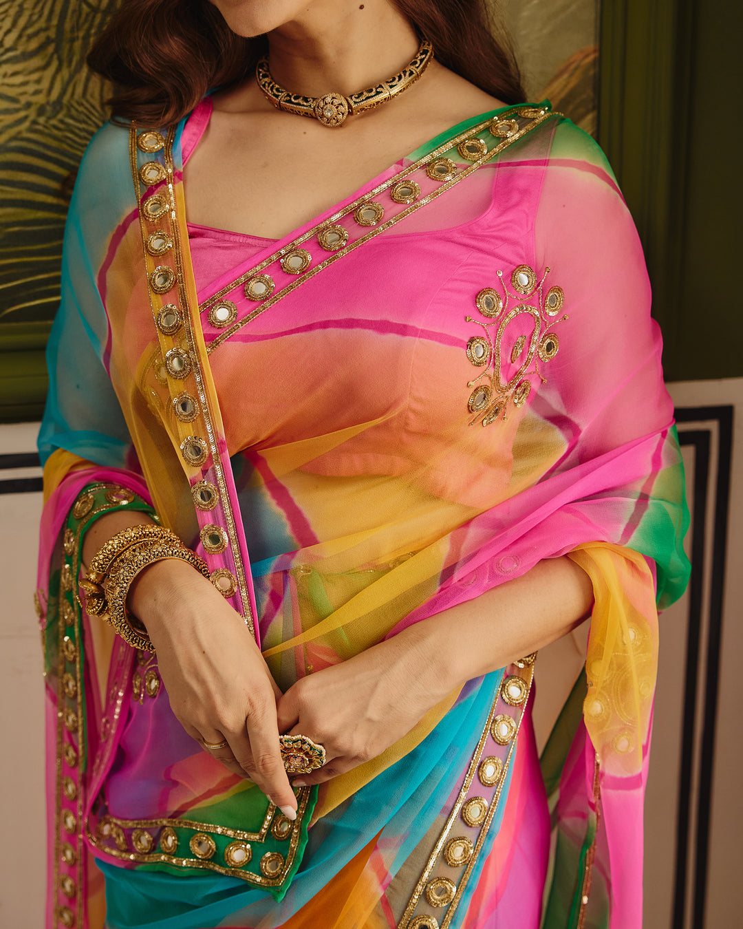Shehnaz Dark Multi Color Leheriya Chiffon Saree