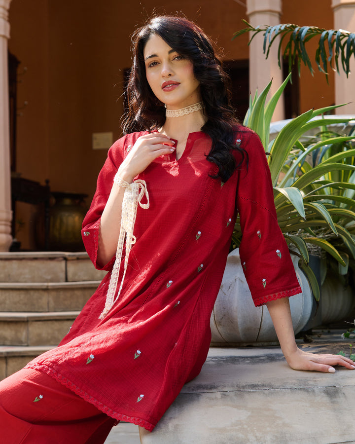 Sola Red Embroidered Doria Kurta Set