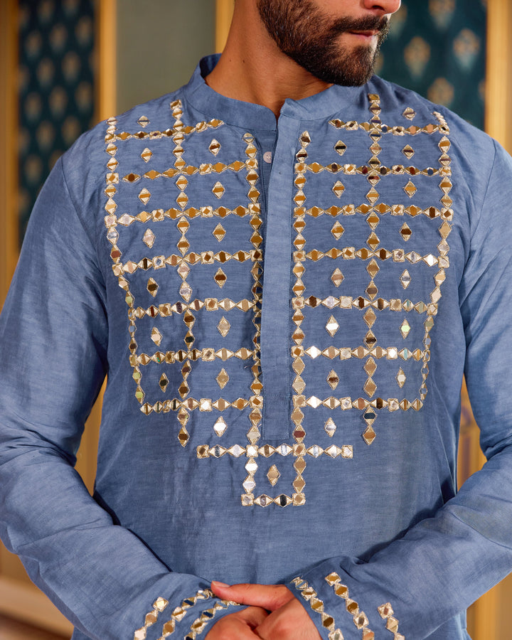 Tattva Blue Silk Embroidered Kurta