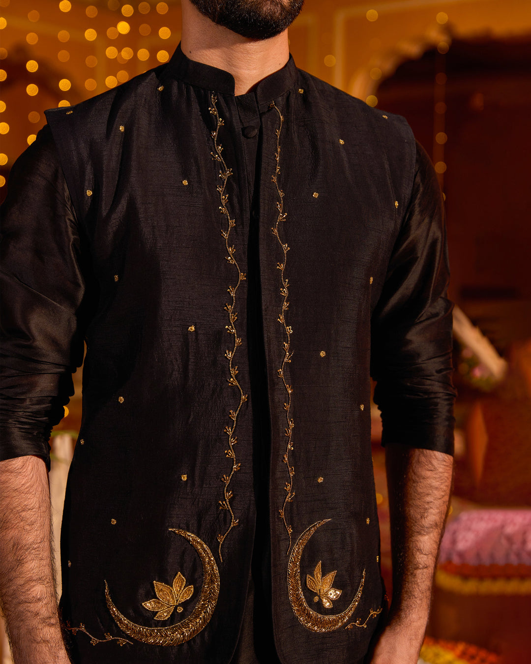 Ratan Black Chanderi Embroidered Jacket And Kurta Set