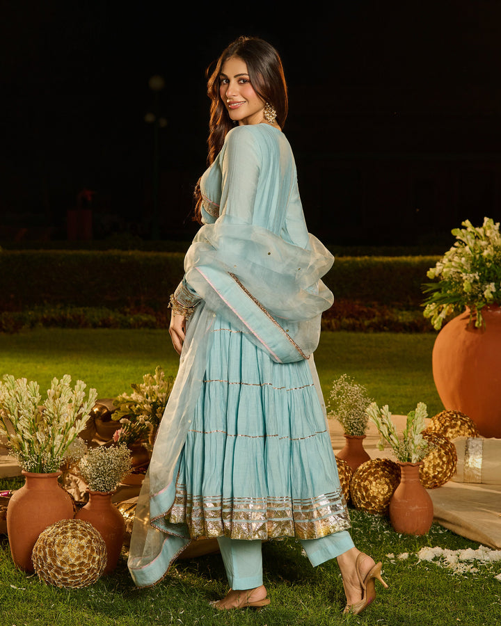 Dipti Sky Blue Embroidered Crush Suit Set
