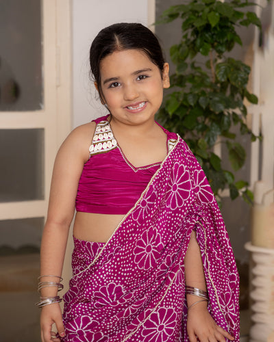 Mahi Purple Bandhani Crepe Pre Draped Saree