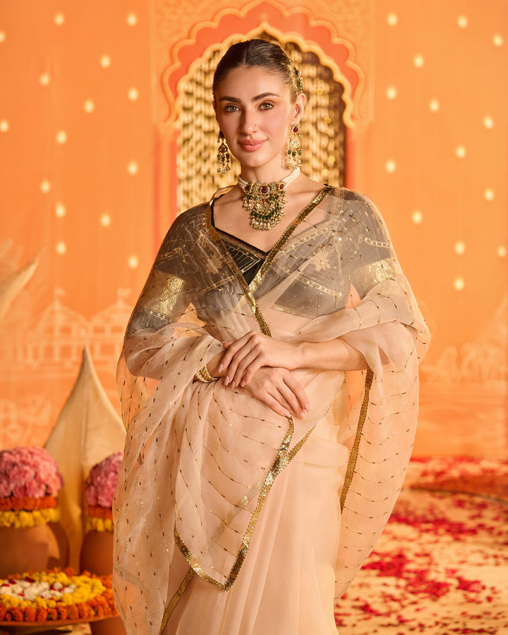 Amaira Black Embroidered Satin Aangi Blouse And Saree