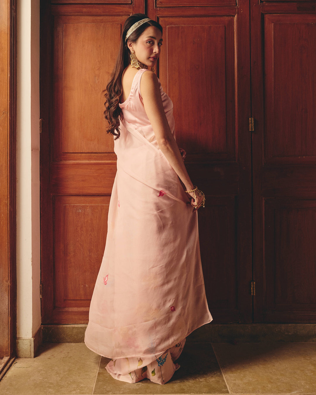 Vana Rose Pink Handpainted Chiffon Saree