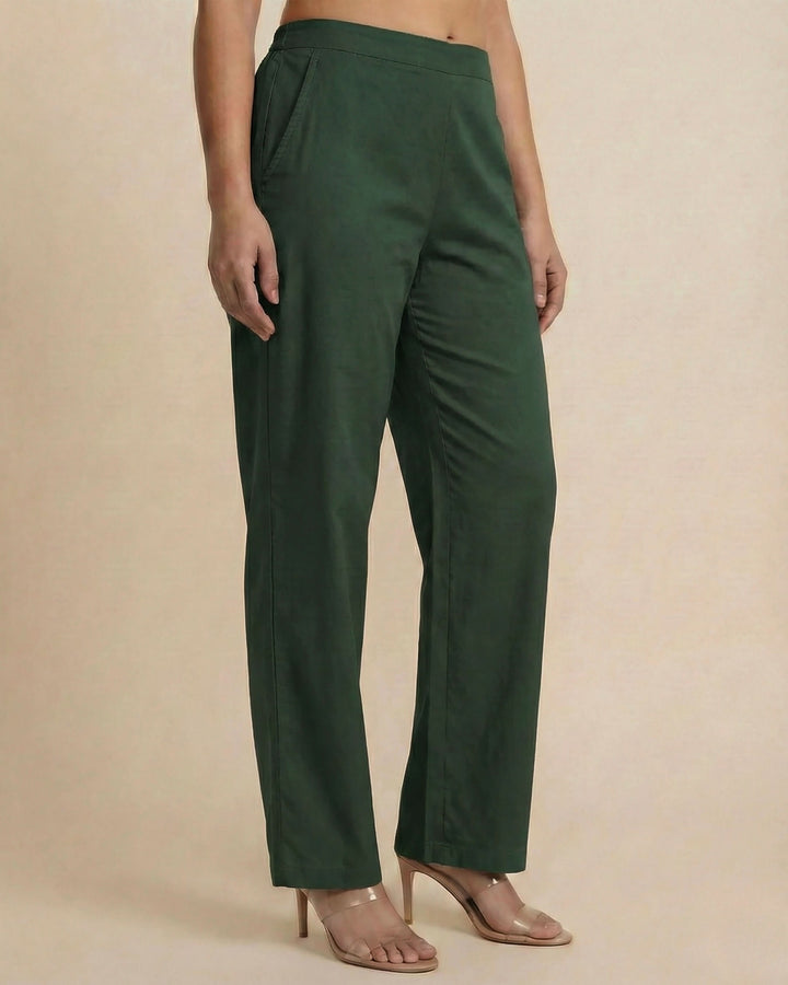 Mridul Dark Green Cotton Straight Pants