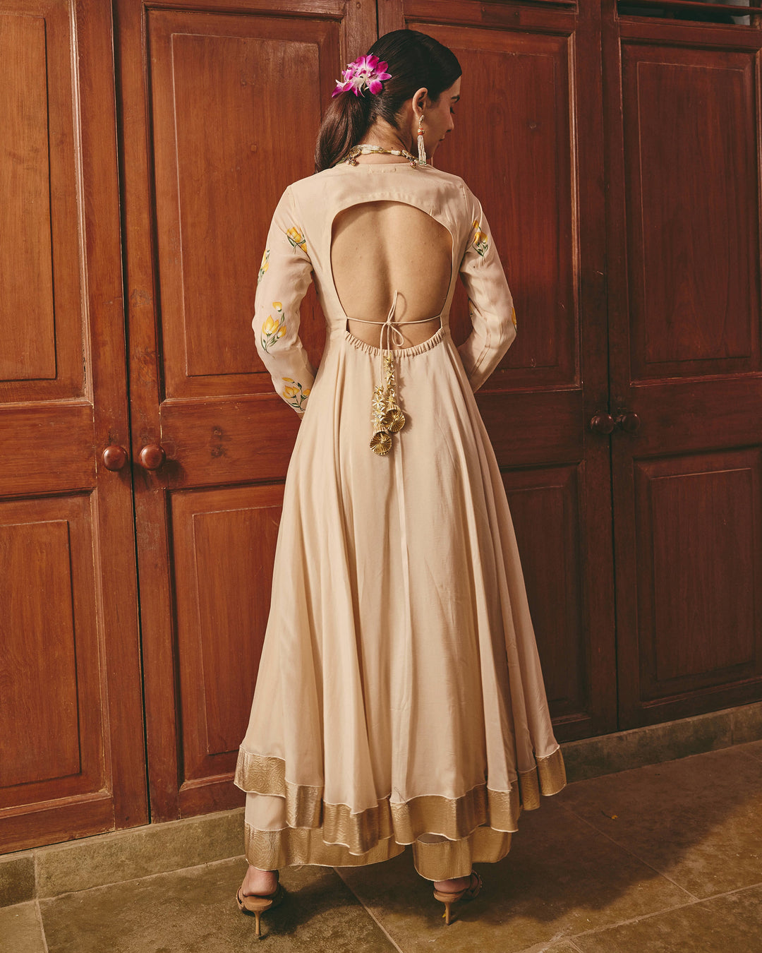 Ayzel Beige Handpainted Viscose Organza Suit Set