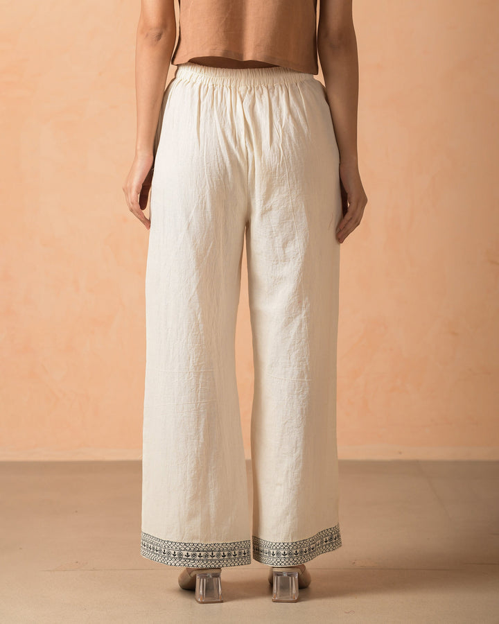 Anira Cream Cotton Flex Embroidered Straight Pants
