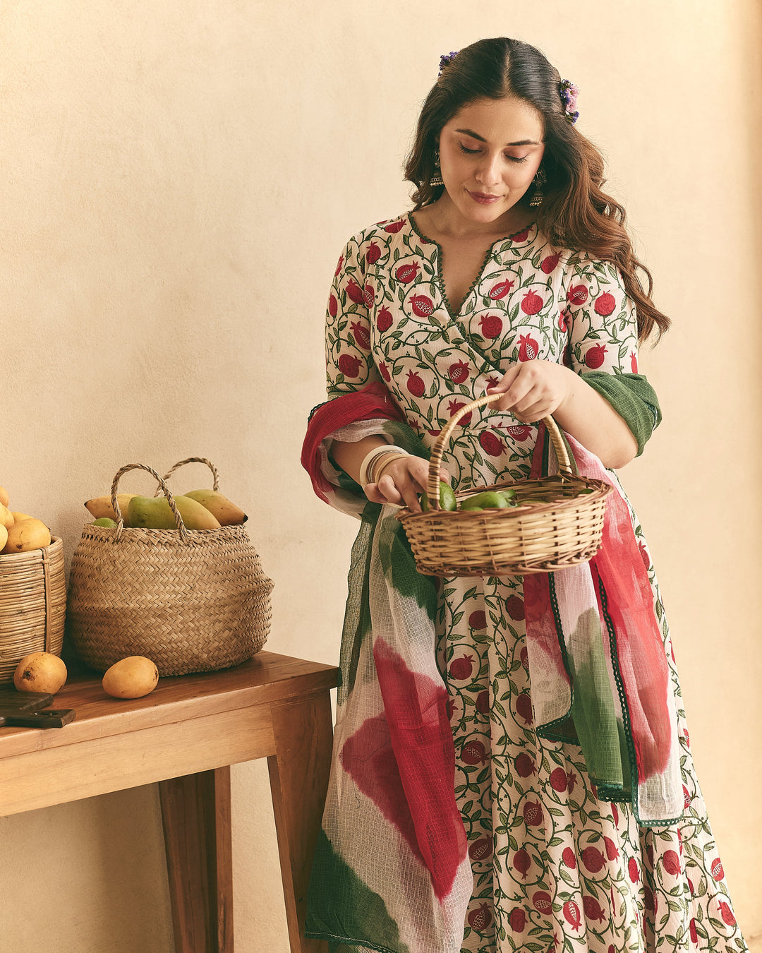 Yulia White Cotton Crush Printed Suit Set