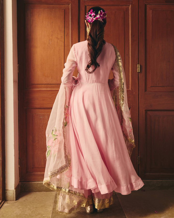 Kalpini Pink Handpainted Viscose Organza Suit Set