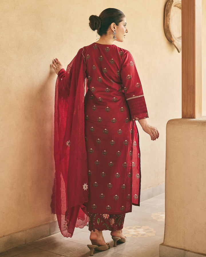 Esya Maroon Cotton Printed Suit Set