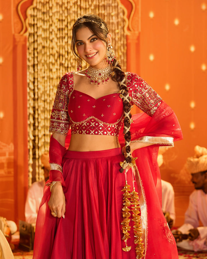 Tejvya Magenta Embroidered Chanderi Lehenga Set