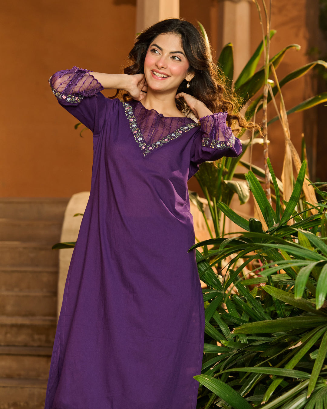 Ele Purple Embroidered Cotton Kurta Set