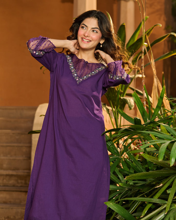 Ele Purple Embroidered Cotton Kurta Set