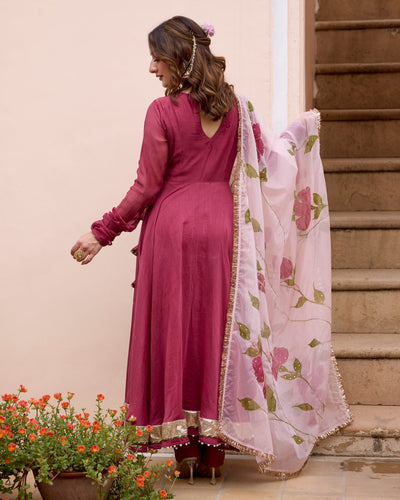 Gulmohar Wine Handpainted Chanderi Suit Set