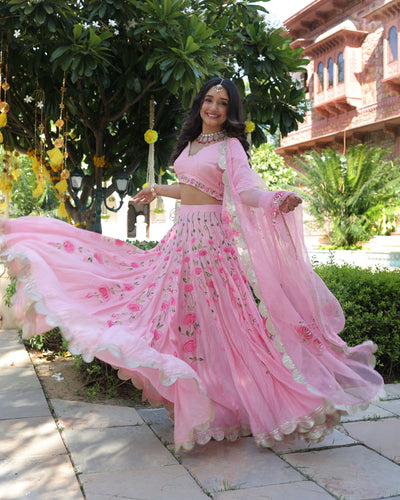 Dewberry Pink Handpainted Chanderi Lehenga Set