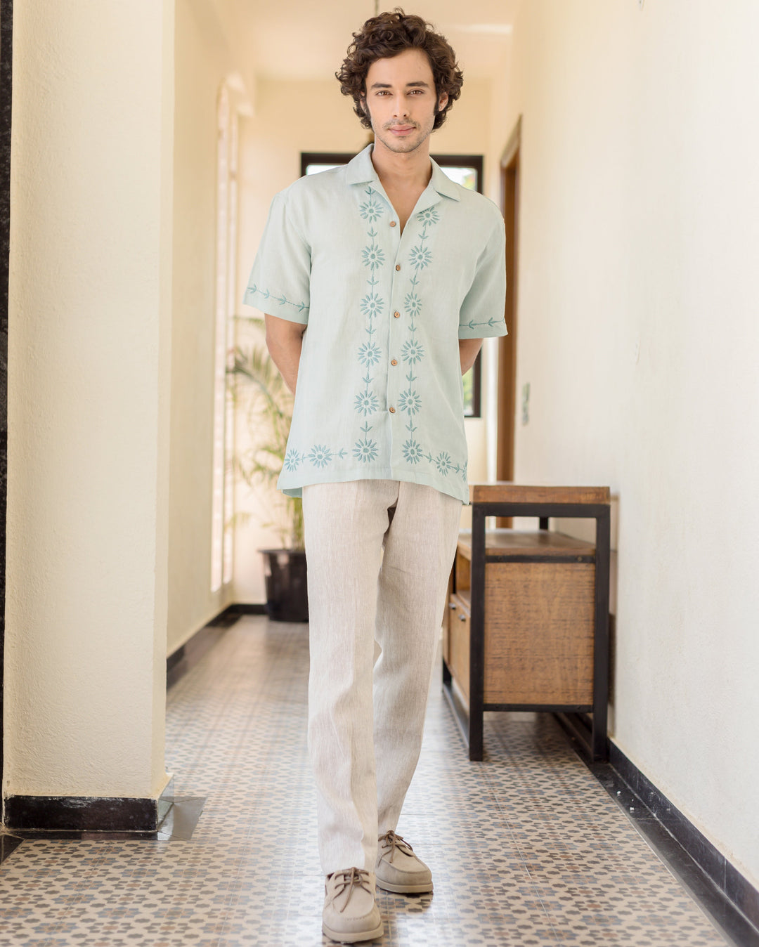 Kaiven Pastel Blue Embroidered Cotton Flex Shirt