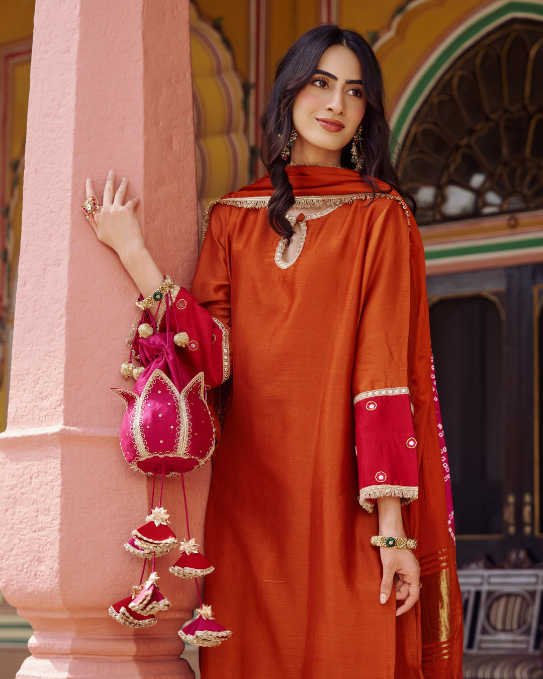 Priya Orange Embroidered Chanderi Suit Set