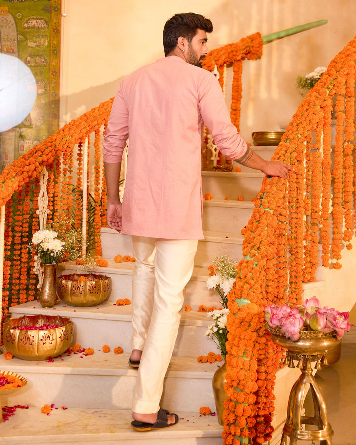 Manthan Peach Embroidered Chanderi Kurta