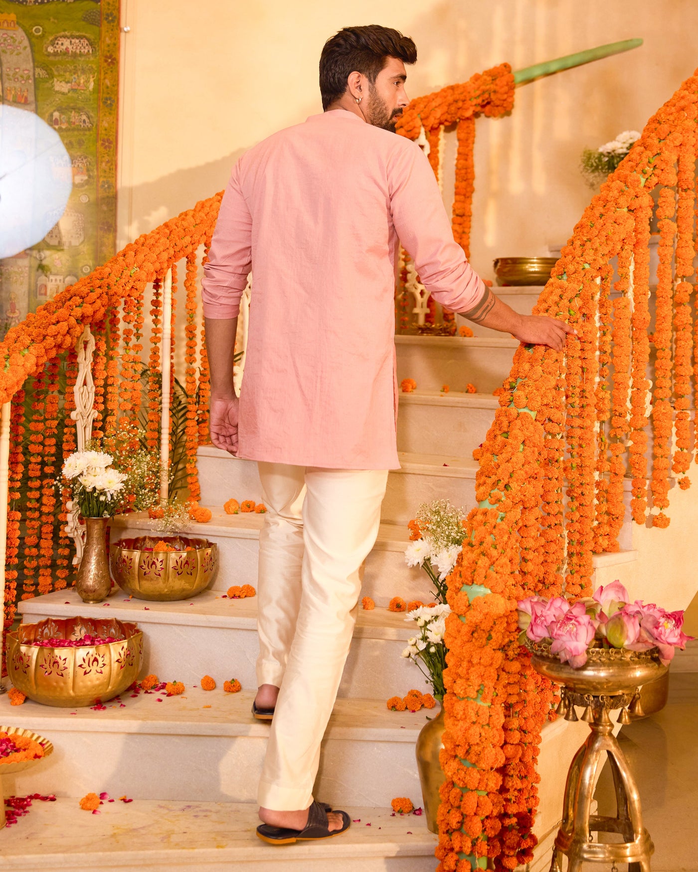 Manthan Peach Embroidered Chanderi Kurta