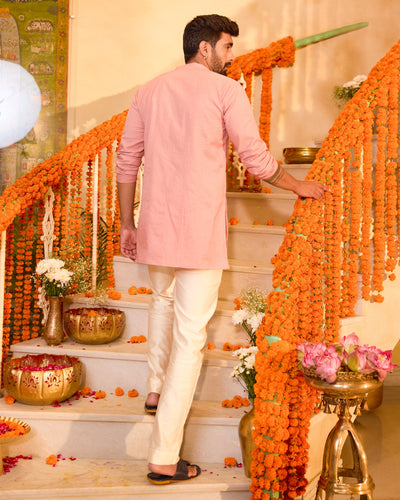 Manthan Peach Embroidered Chanderi Kurta