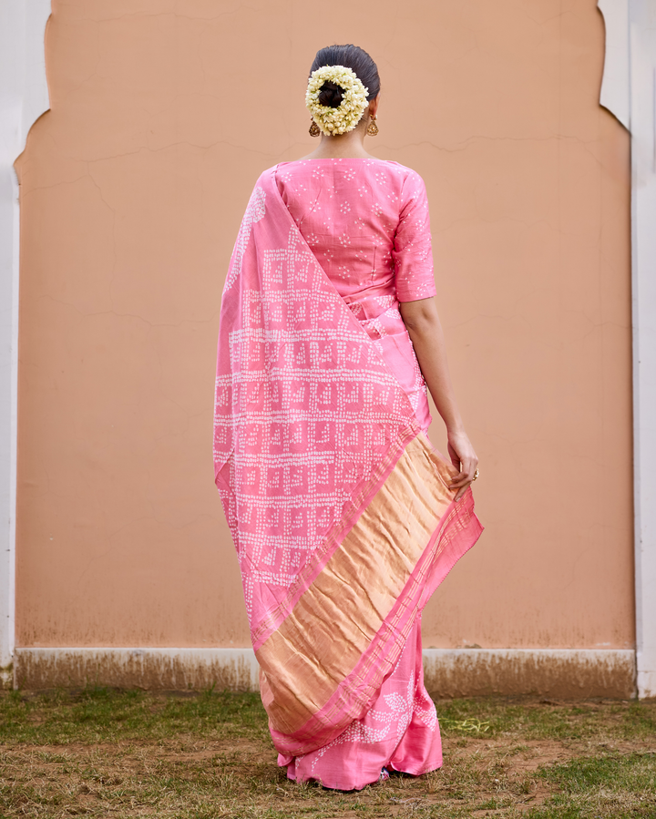 Madhurya Pink Gajji Silk Bandhej Saree