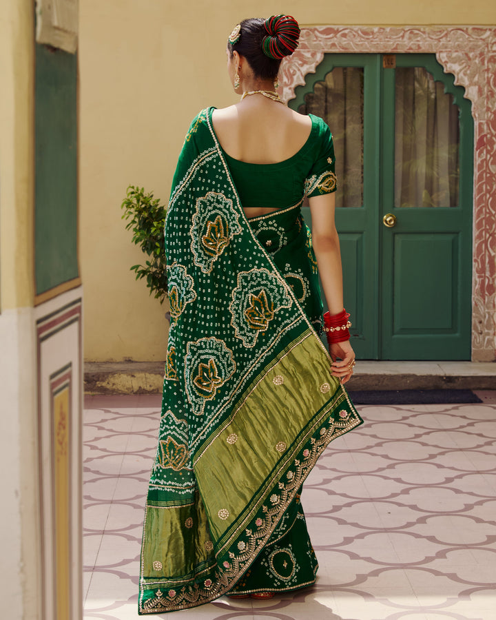 Varsha Green Embroidered Kajol Bandhej Silk Saree