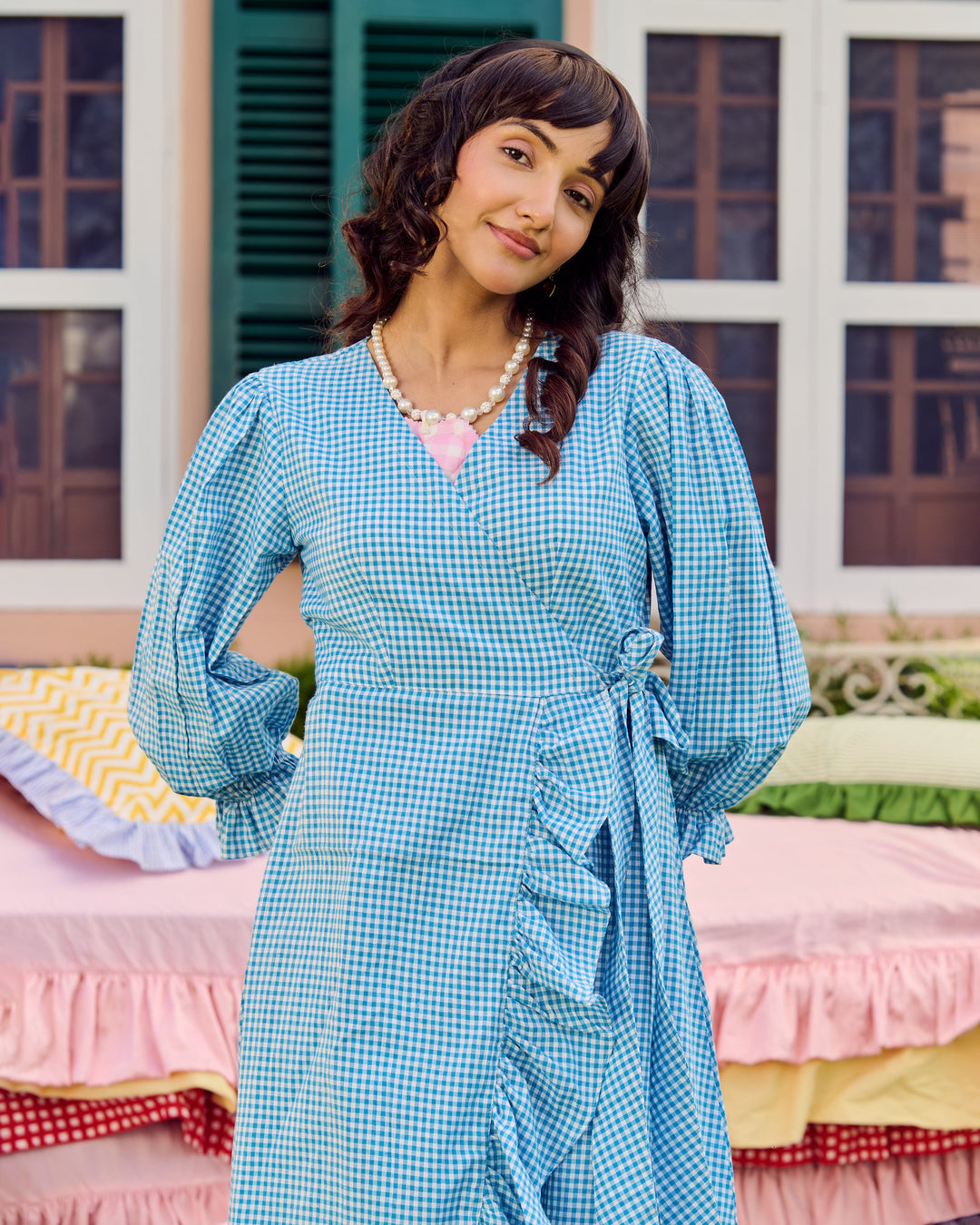 Sri Sky Blue Cotton Checks Dress