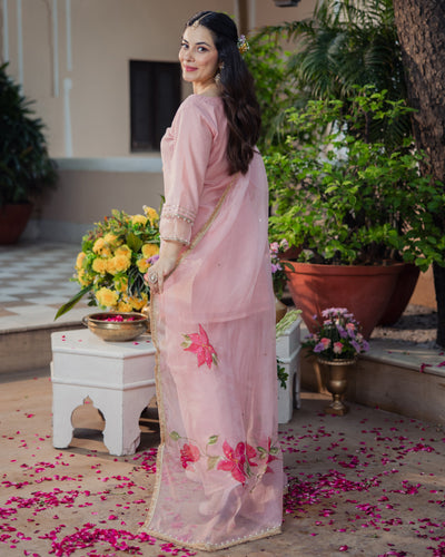 Kaner Pink Handpainted Chanderi Suit Set