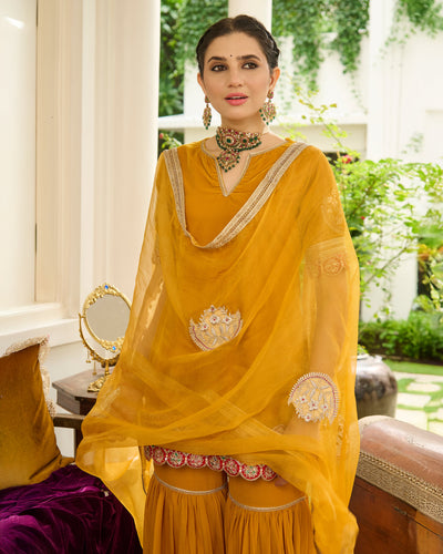 Kavi Yellow Embroidered Velvet Sharara Set