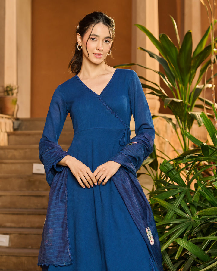 Spark Blue Embroidered Cotton Crush Suit Set