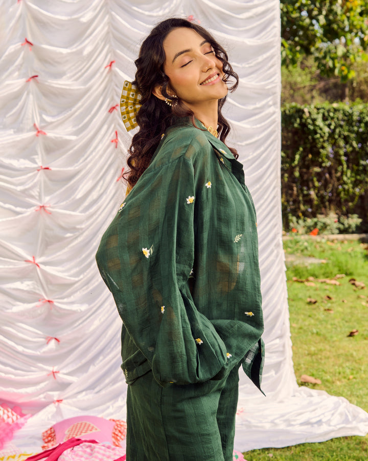 Gina Green Embroidered Cotton Checks Solid Coord Set