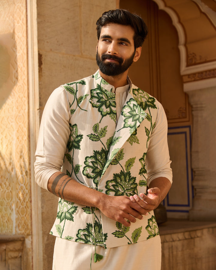 Omkar Grey Printed Chanderi Jacket And Kurta Set