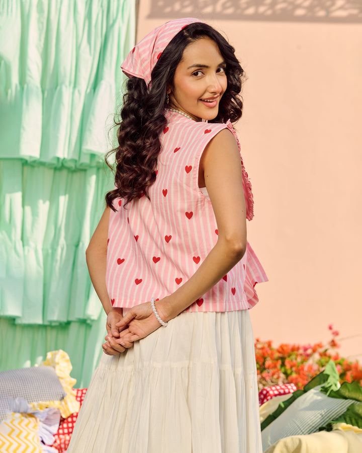 Sofie Pink Cotton Stripes &amp; Heart Printed Top