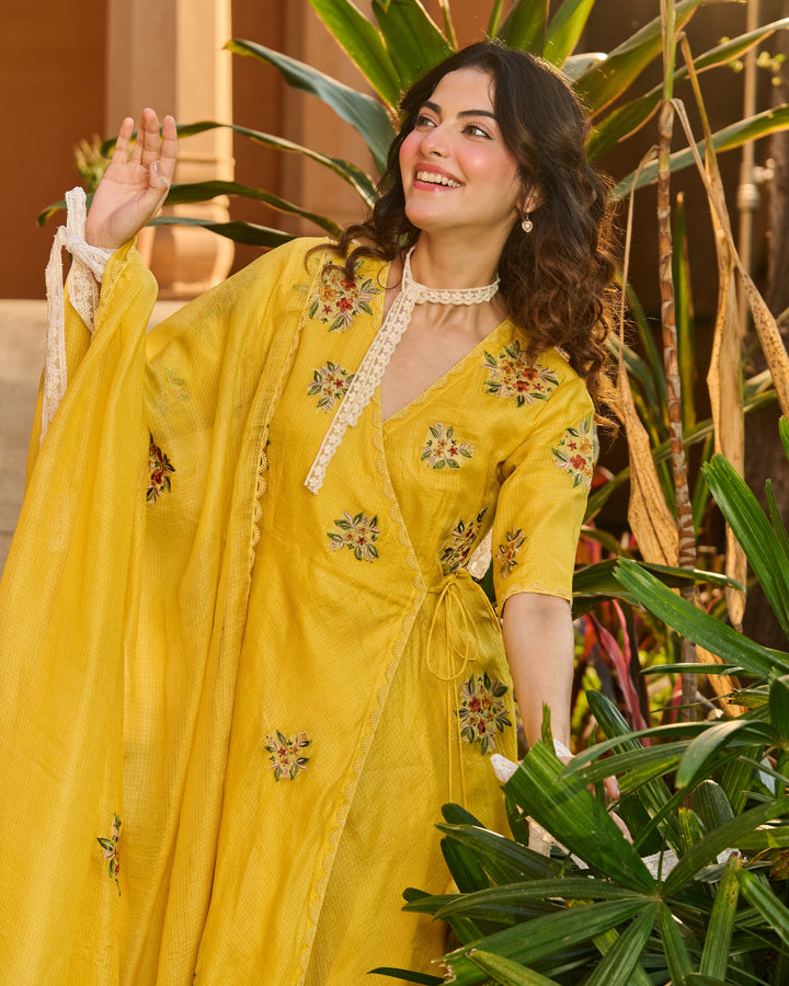 Kesari Yellow Embroidered Doria Suit Set