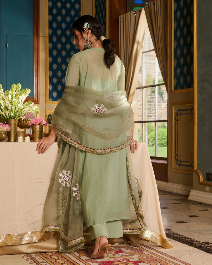 Prabhira Sage Green Embroidered Chanderi Suit Set