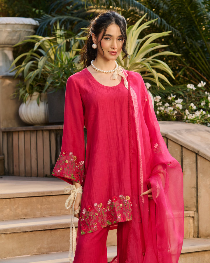 Taru Pink Embroidered Chanderi Suit Set